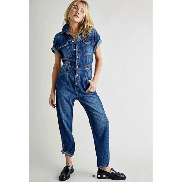 New Free People Marci Coveralls Denim Jumpsuit Blue Utility One Piece XS - Picture 11 of 13